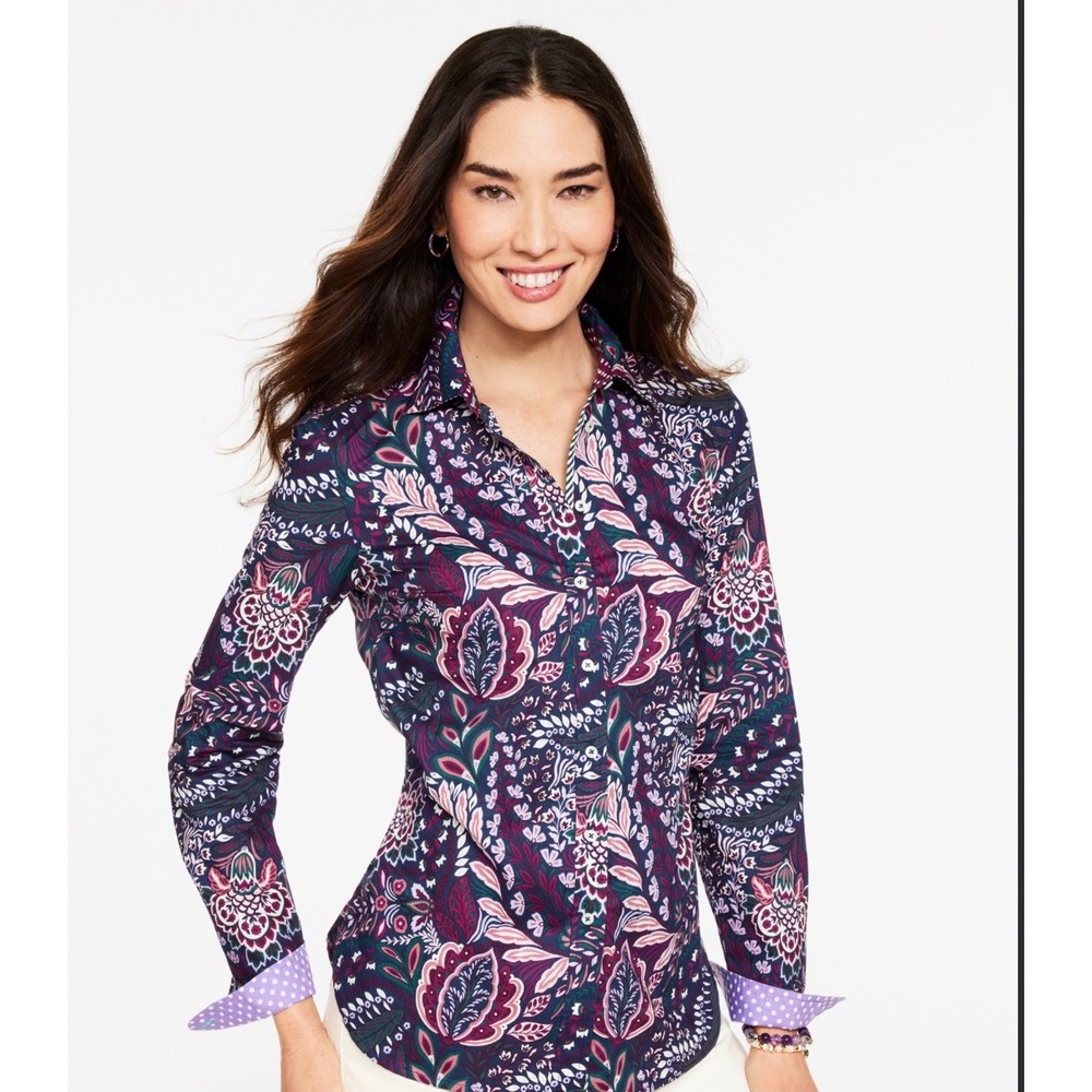 Talbots Womens Large Purple Paisley Floral Cotton Button Down Shirt Long Sleeve